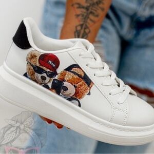 White Sneakers with Bear Graphic